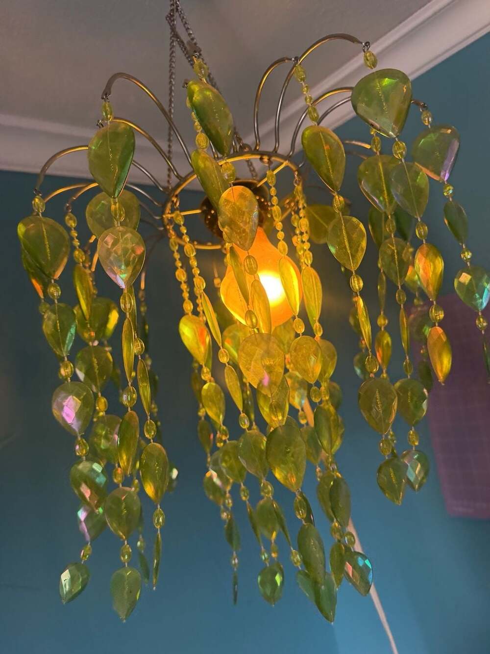 Green Iridescent Beaded Swag Chandelier 15" tall
